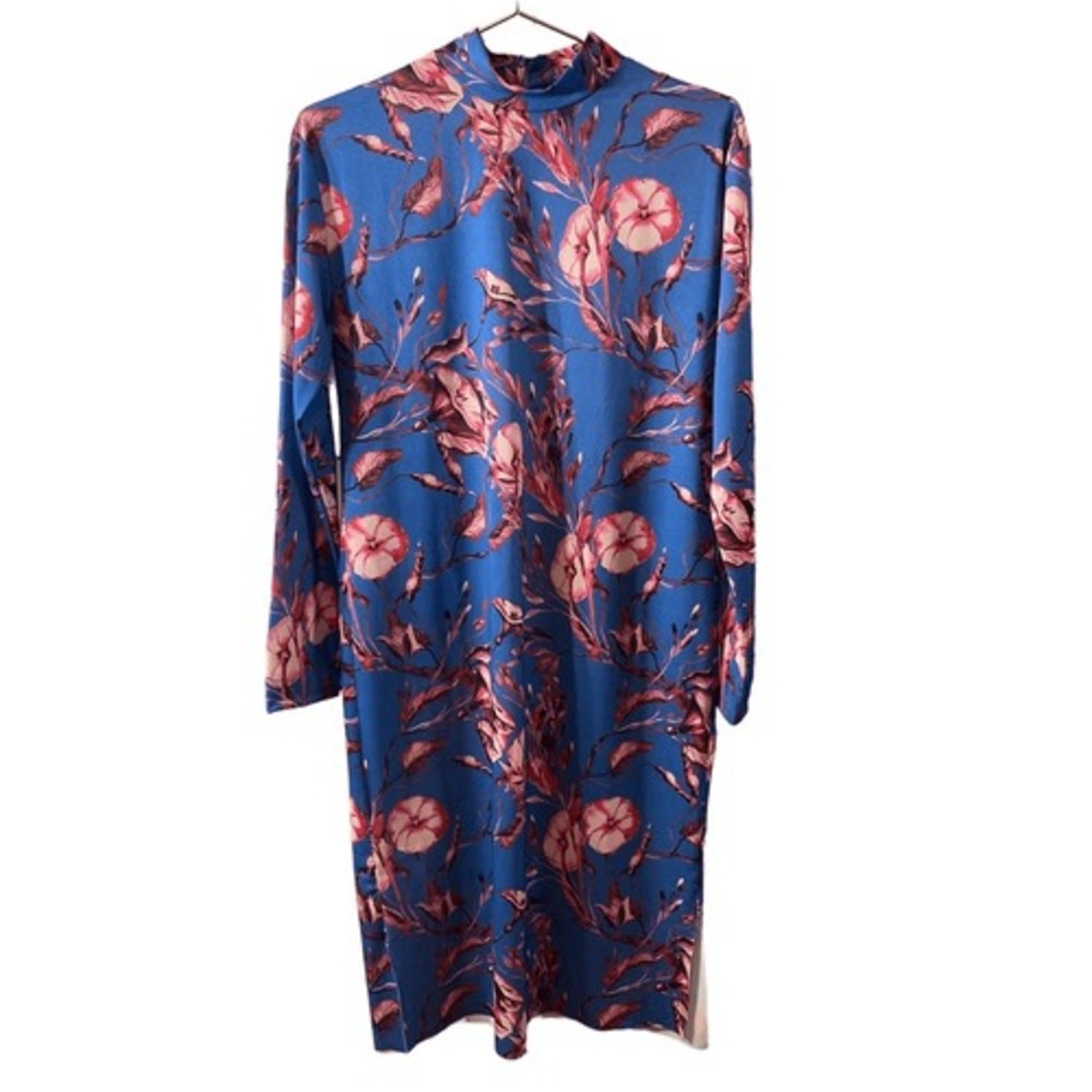 Zara Blue Pink Floral Mock Neck Long Sleeve Midi Dress with Side Slits